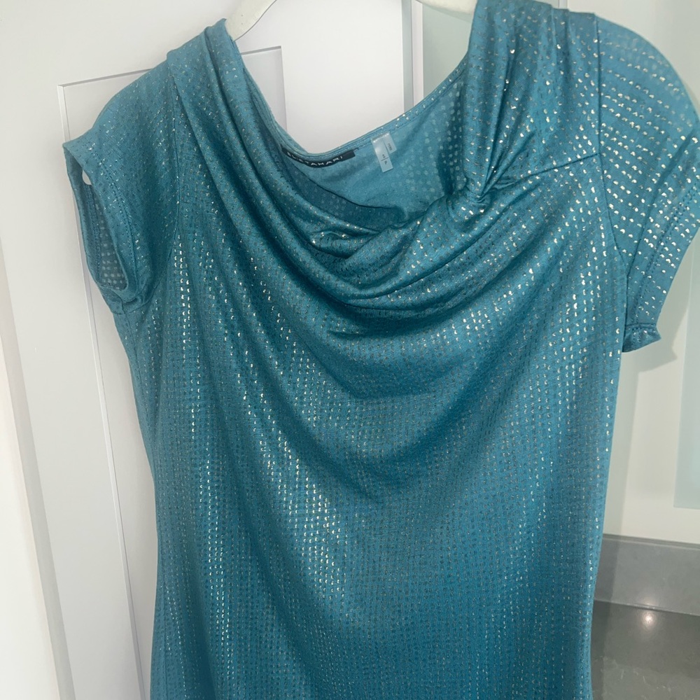 ELIE TAHARI -Teal Sparkle Drape Neck Top-LIKE  NEW